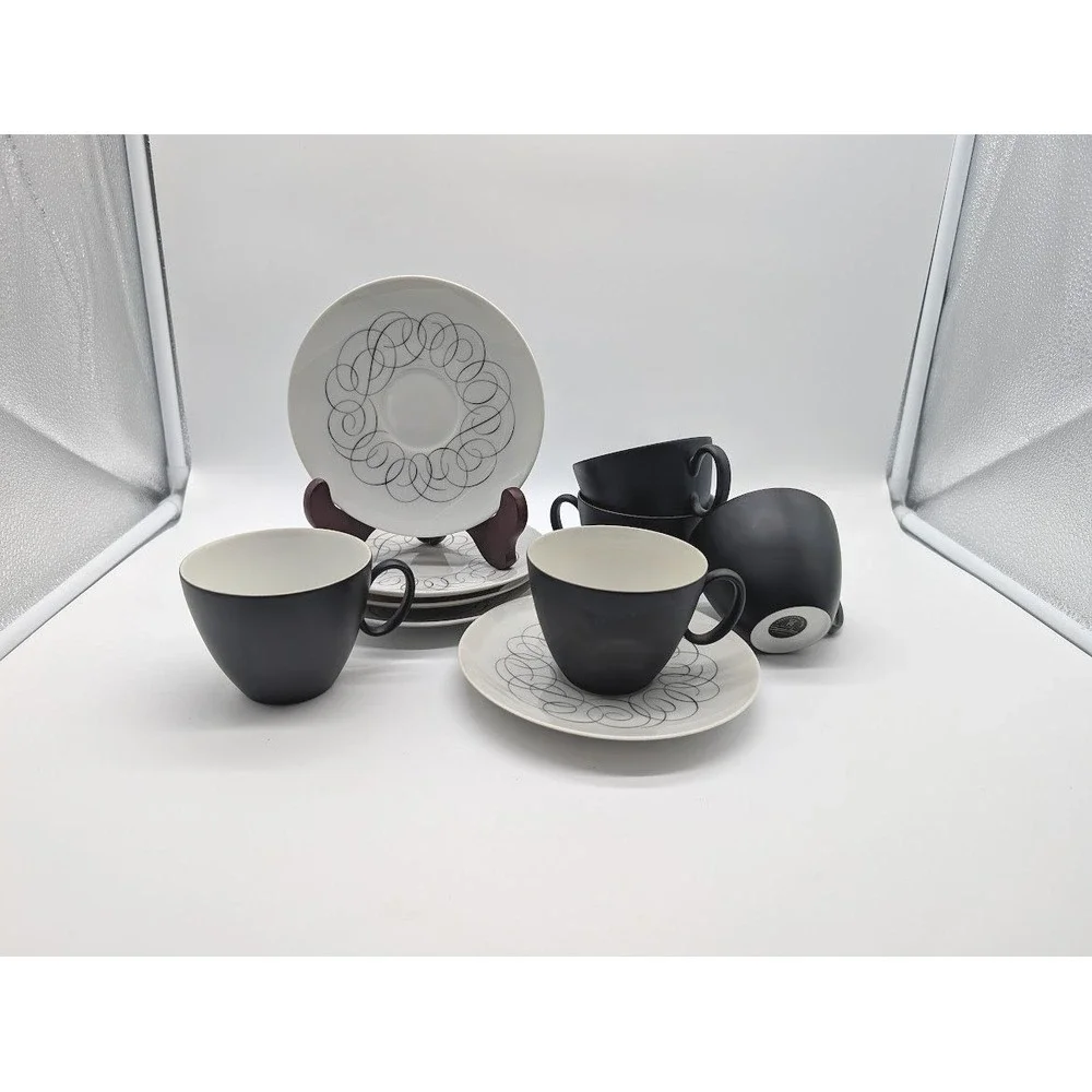 5 Raymond Loewy Continental China Charcoal Teacup Script Saucer‎ MCM Rosenthal